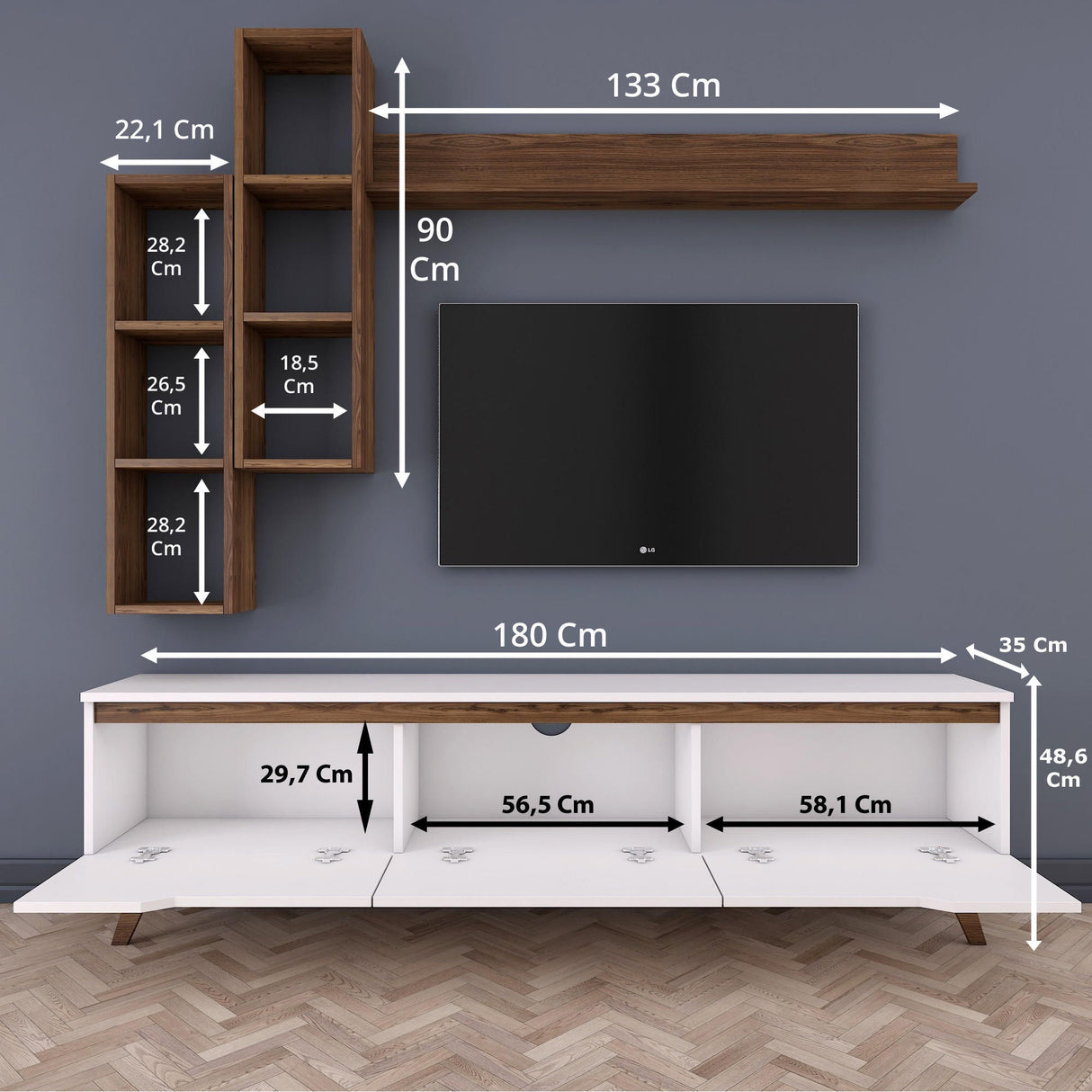 TV Meubels - TV Meubel Set Iona Wit Donker Walnoot Melamine 180x48,6x35 cm - Dimehouse