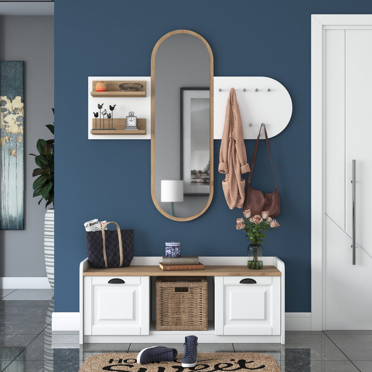 Ensemble de meubles Porte-manteau - Miroir - Meuble à chaussures - Mélamine Blanc-Noyer