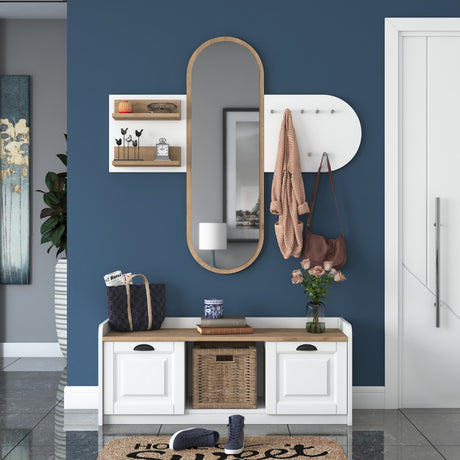 Meubelset Kapstok - Spiegel - Schoenenkast  - Wit-Walnoot Melamine