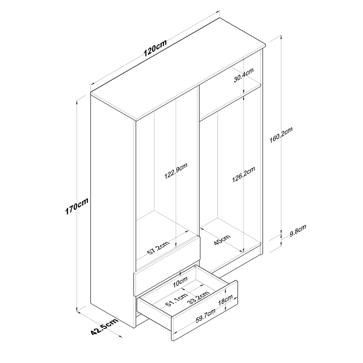 Armoire aspen noyer blanc mélamine 120x170x42,5 cm