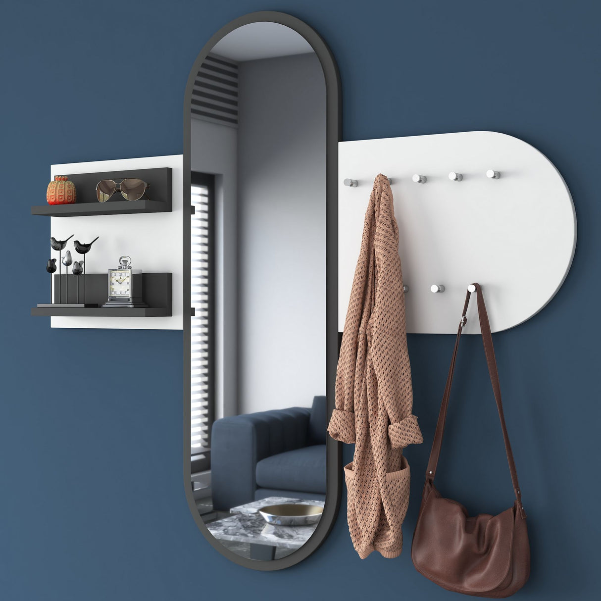 Porte-manteau Blanc Mélamine 9 Crochets - Avec Miroir - Deux Étagères