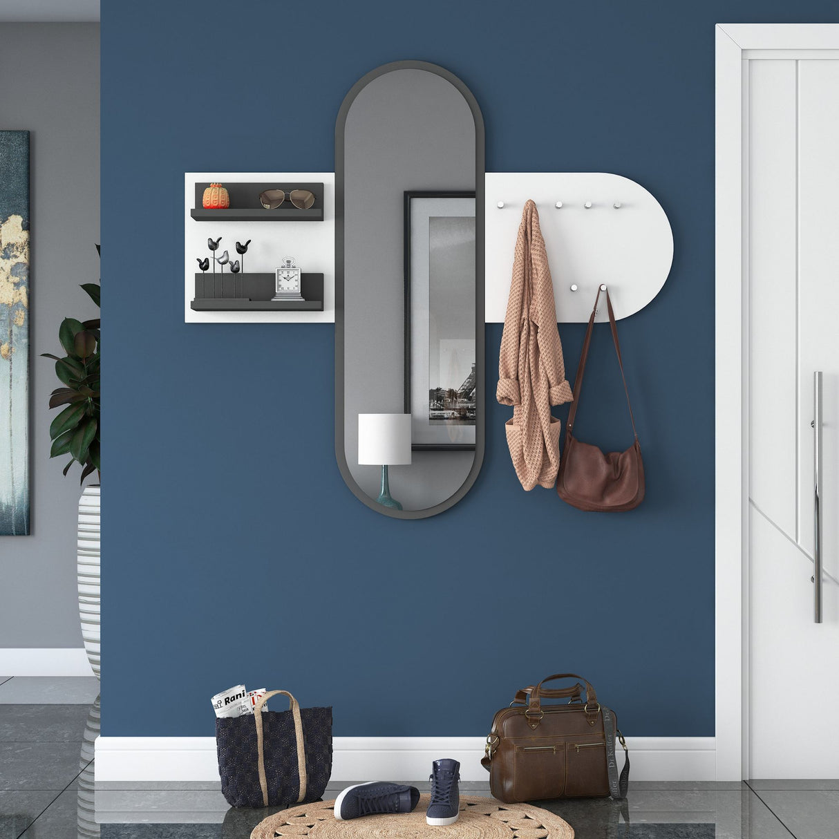 Porte-manteau Blanc Mélamine 9 Crochets - Avec Miroir - Deux Étagères