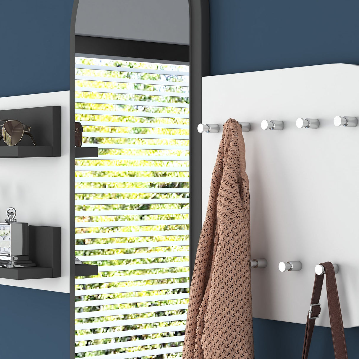 Porte-manteau Blanc Mélamine 9 Crochets - Avec Miroir - Deux Étagères