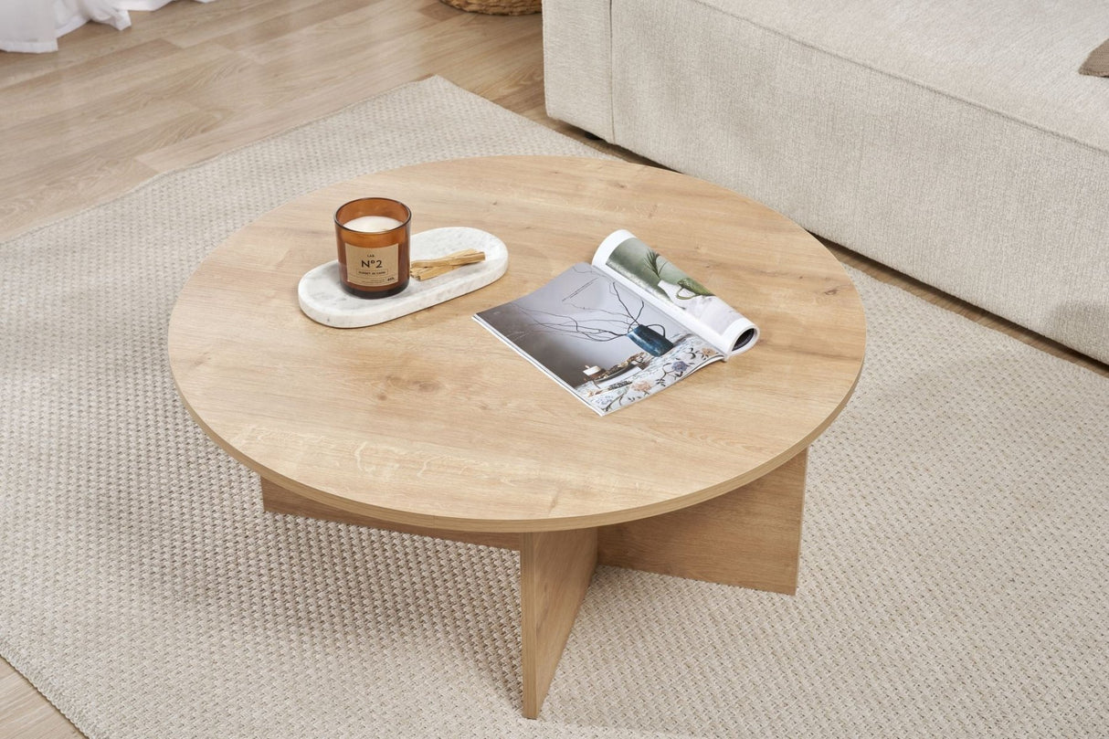 Table basse ronde Dakota en mélamine chêne 90x90x40 cm