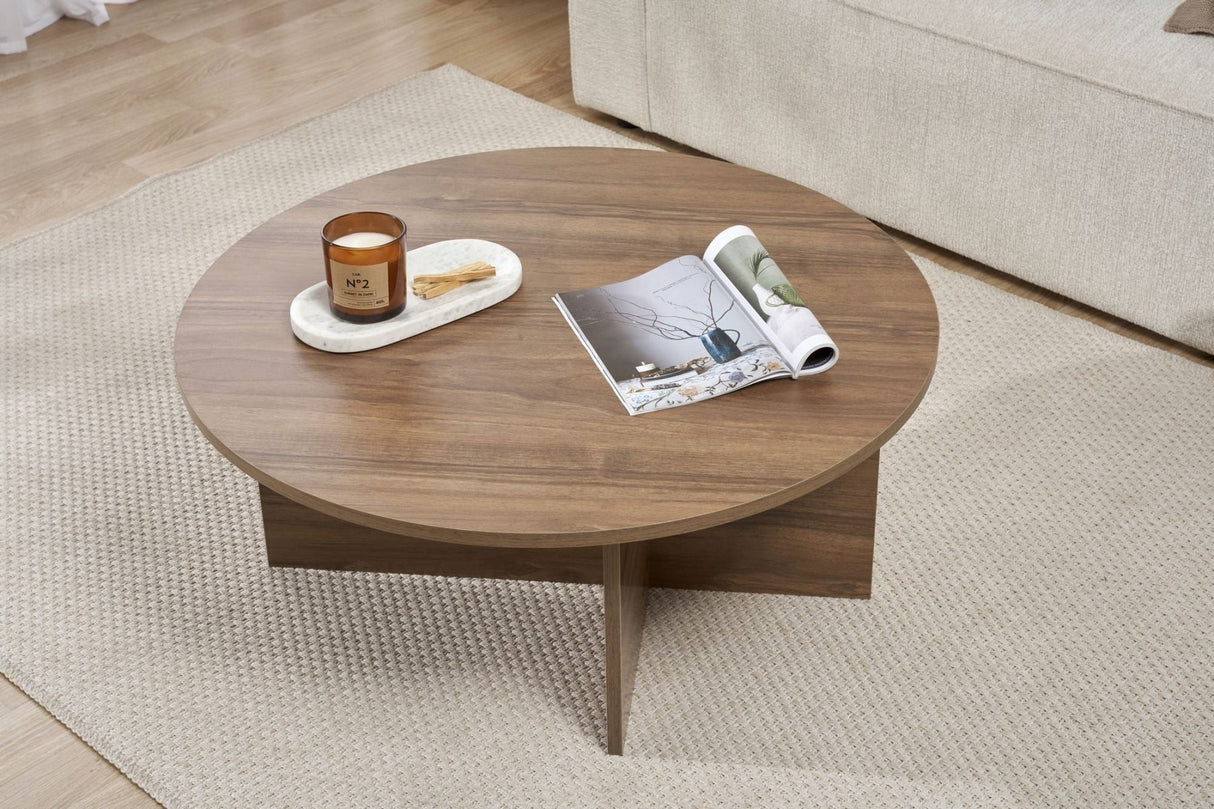 Table basse ronde Dakota en noyer en mélamine 90x90x40 cm