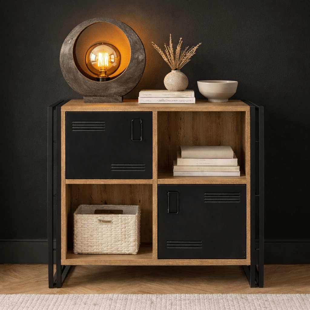 Industrieel dressoir dennenhout melamine zwart metaal Cosmo 89x89x35 cm