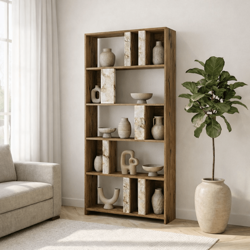Bibliothèque Lima Walnut White Marmer Melamine 90x180x20 cm