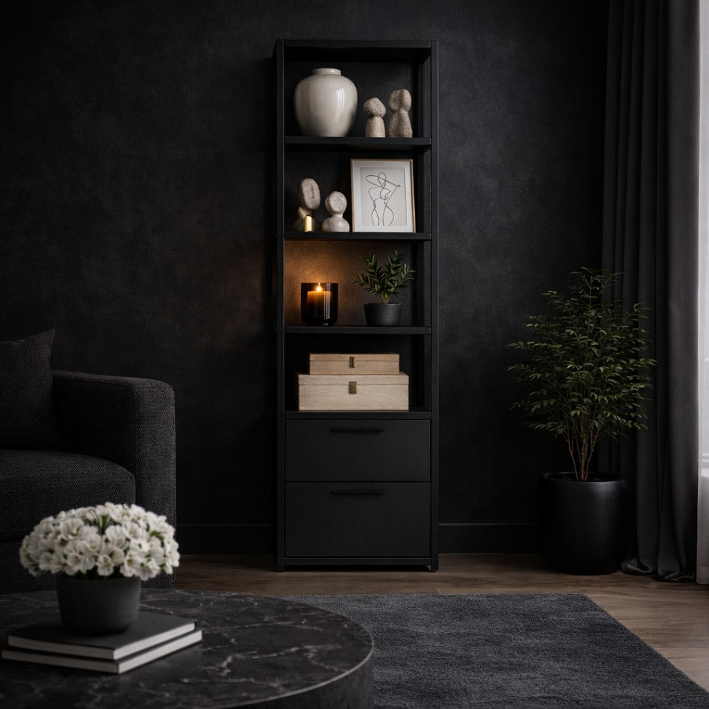 Boekenkasten - Boekenkast Robbins Black Zwart Antraciet Melamine 39x160x39 cm - Dimehouse