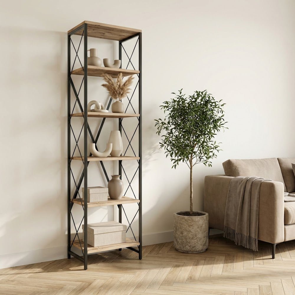 Bibliothèque suadiye atlantique pin noire mélamine 50x180x30 cm