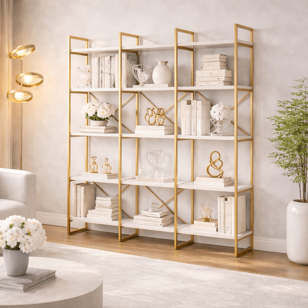 Bibliothèque Valdis Marble Mélamine en or blanc 170x175x30 cm