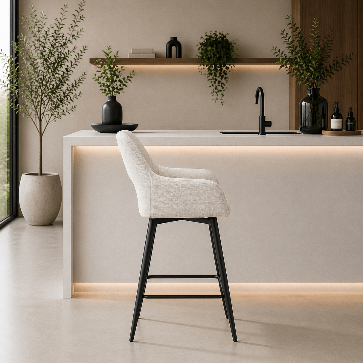 Draaibare Barkruk Beige Stof Skye - Zithoogte 67 cm - Met Armleuningen