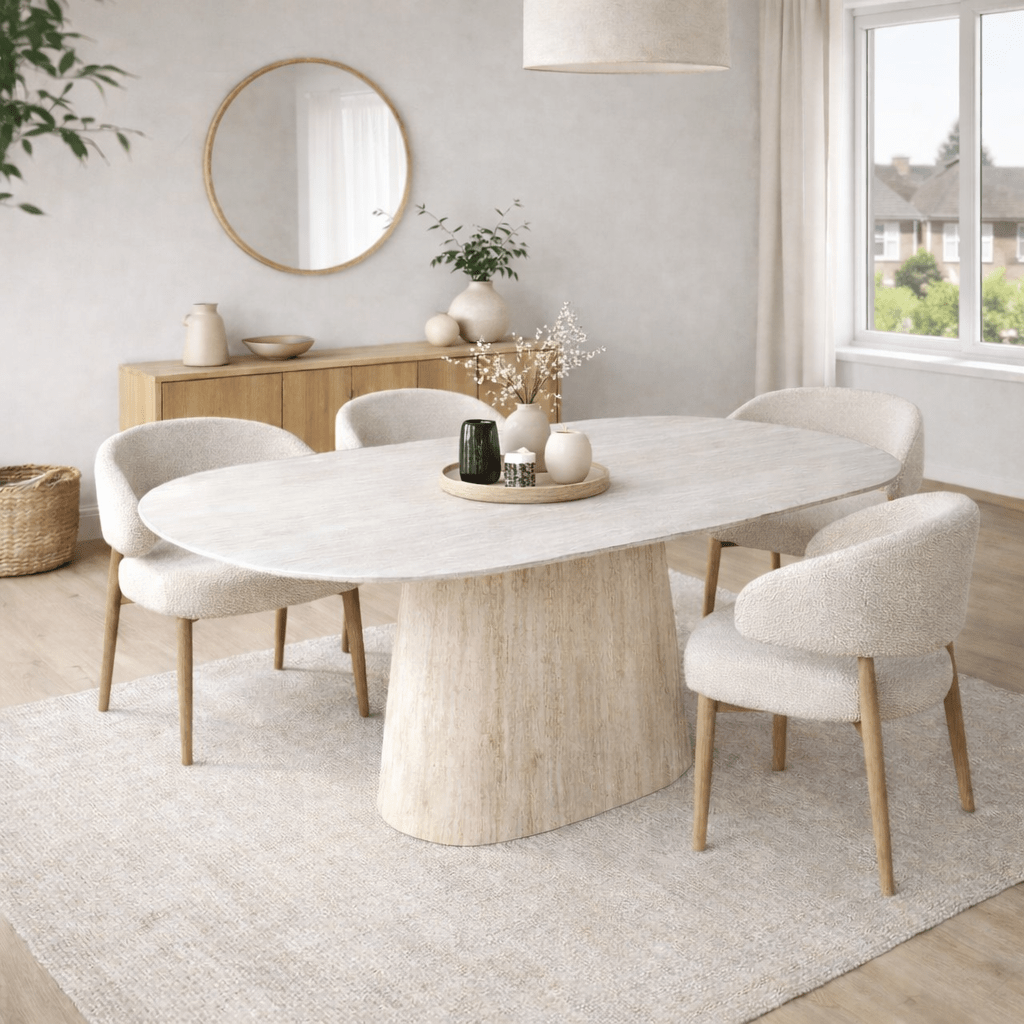 Eettafels - Sintered Stone Marmerlook Travertin Eettafel Lea 180x90 cm - Deens Ovaal - Dimehouse