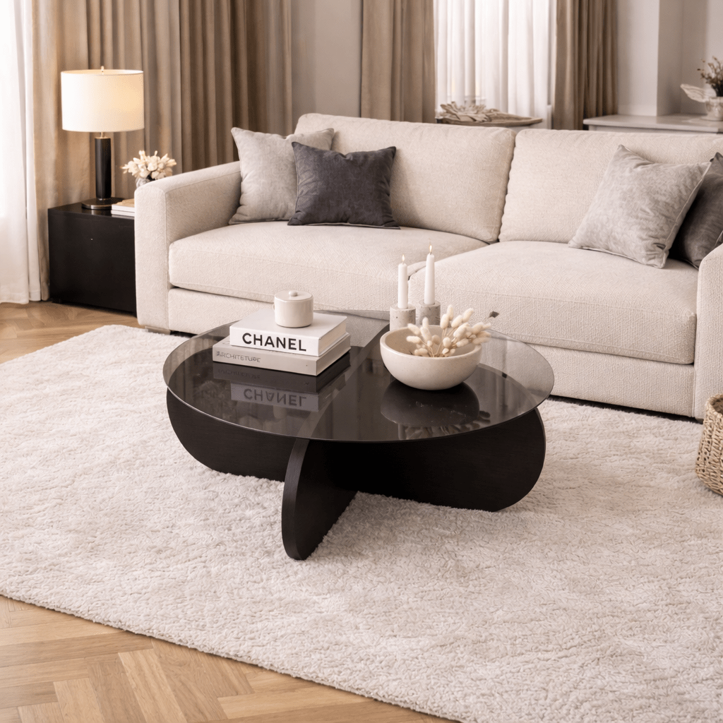 Ronde salontafel Aris zwart melamine en rookglas 75 cm