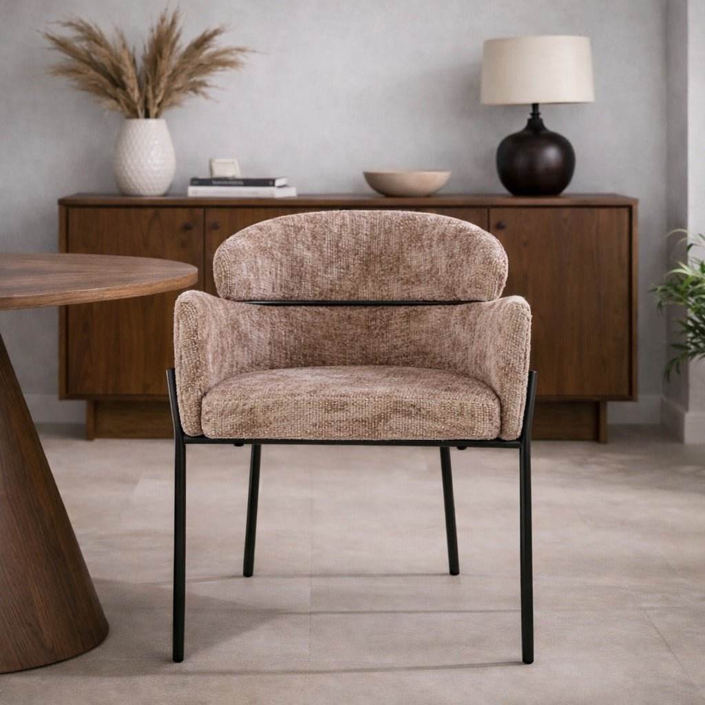 Eetkamerstoelen - Eetkamerstoel Chenille Taupe met ronde rug en arm - Lola - Dimehouse