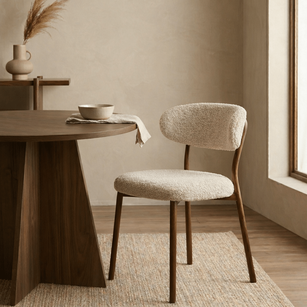 Chaise de salle à manger bouclé couleur sable Uma - structure aspect noyer - Japandi