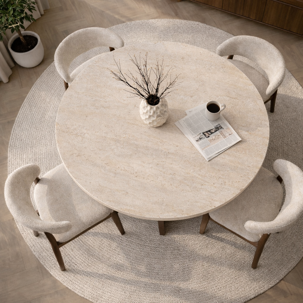 Table à manger ronde Mary en mélamine décor noyer – 125 cm