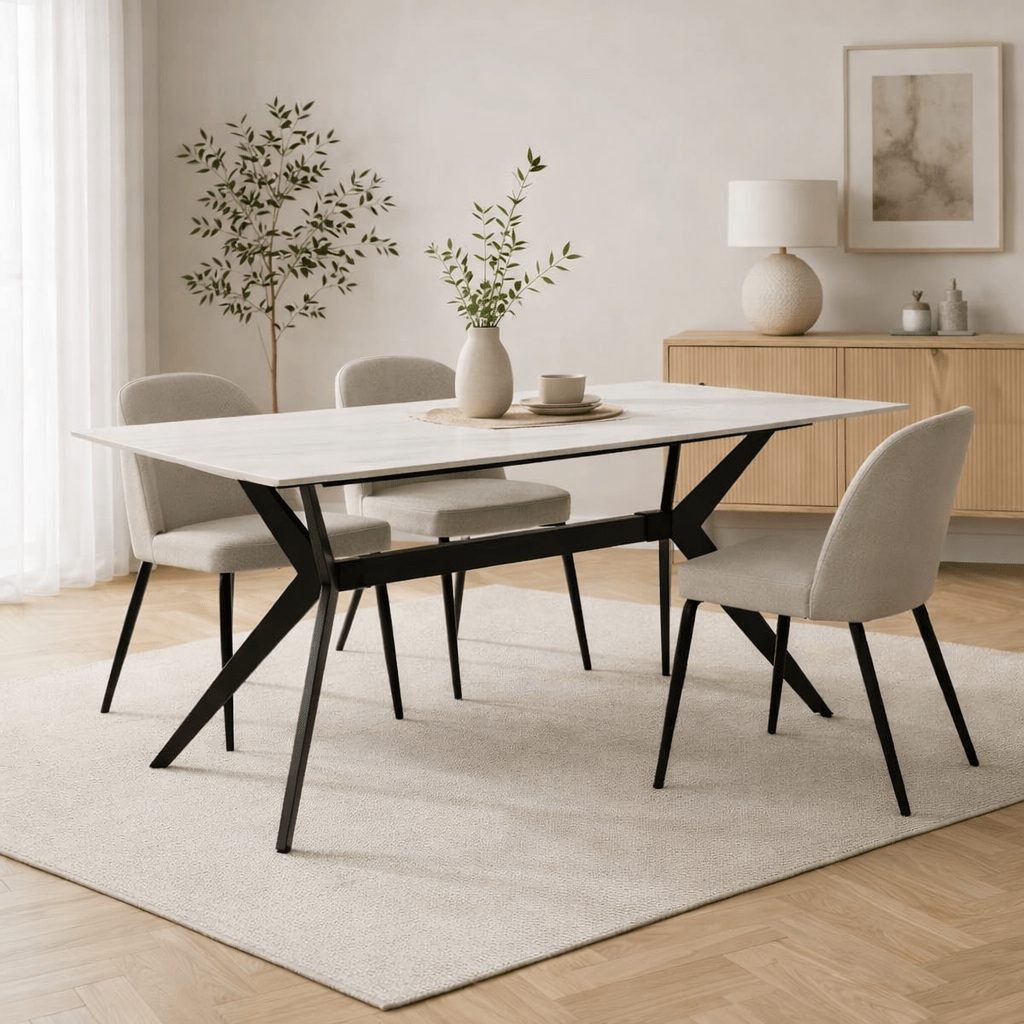 Table à manger Grace en pierre frittée aspect marbre blanc