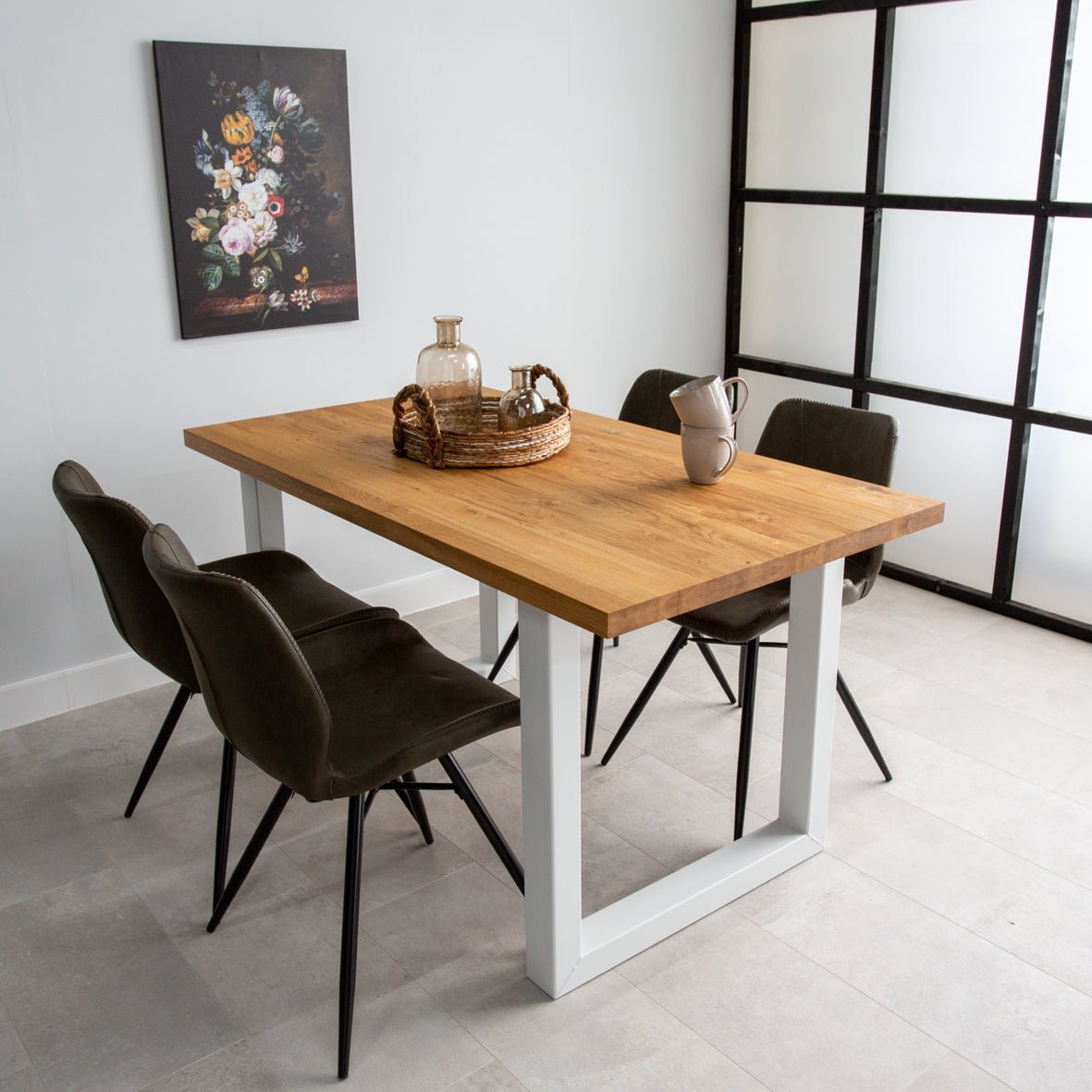 Table à manger Rover en chêne avec pied en U blanc