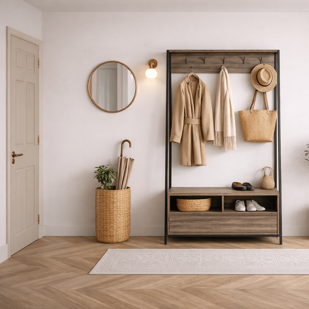 Meuble de rangement Porte-manteau Noyer Mélamine Devon - Avec Compartiments et Tiroir