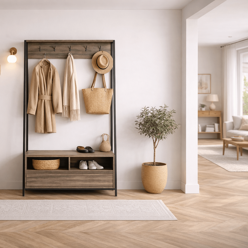 Meuble de rangement Porte-manteau Noyer Mélamine Devon - Avec Compartiments et Tiroir