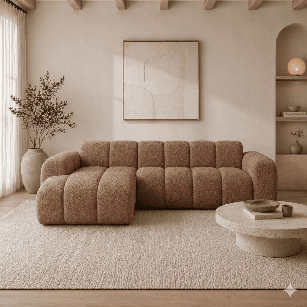 Canapé d'angle lounge tissu bouclé marron doux - rayures - droit - Brix