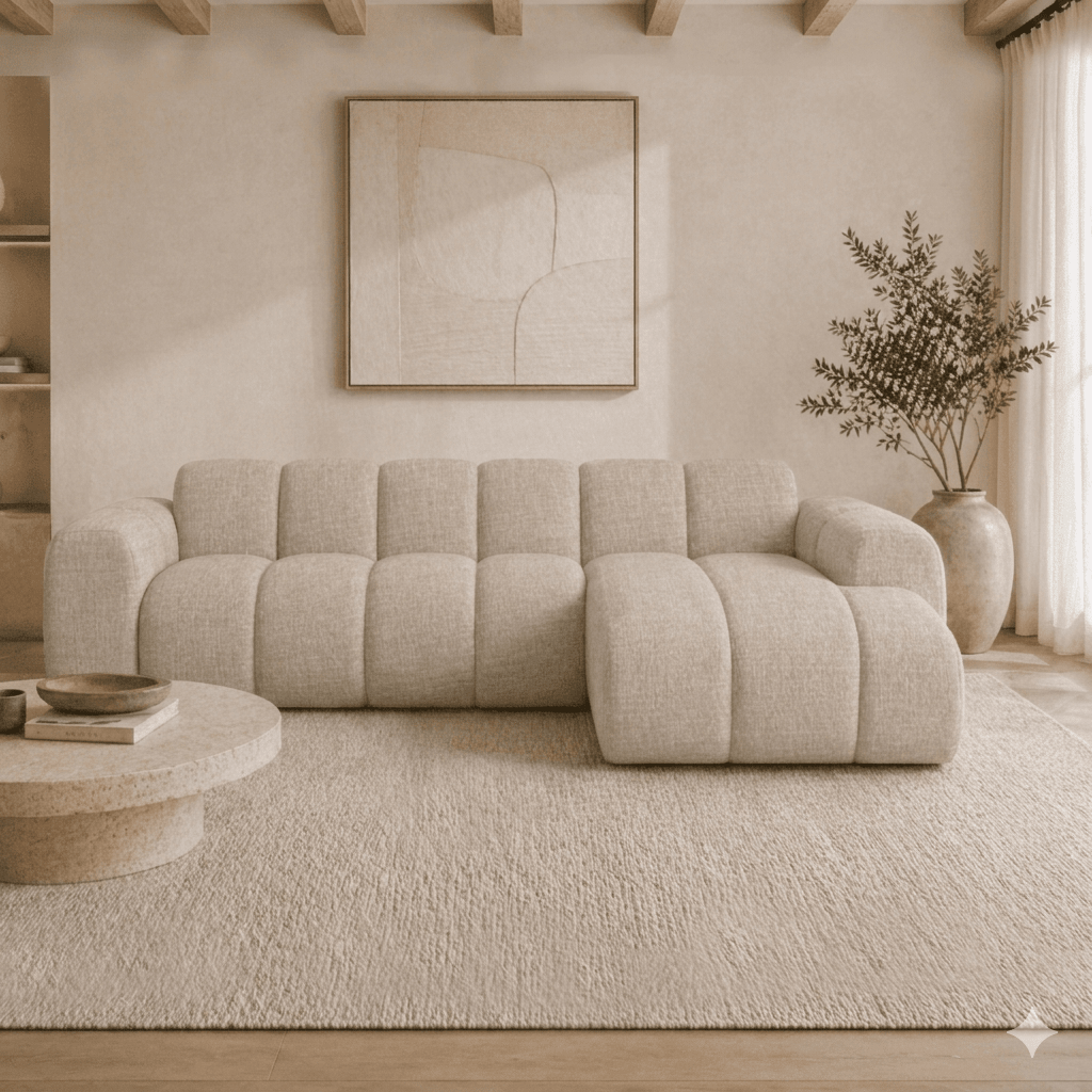 Hoekbank met lounge zand velvet structuurstof - strepen - rechts - Brix