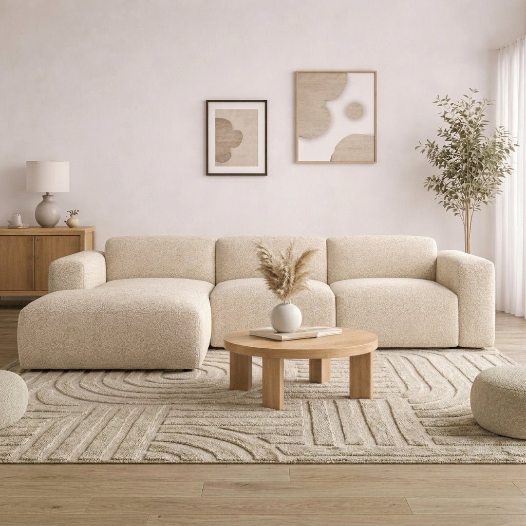Banken-Hoekbank zand bouclé stof - 272x170 cm - Shane - links-Dimehouse