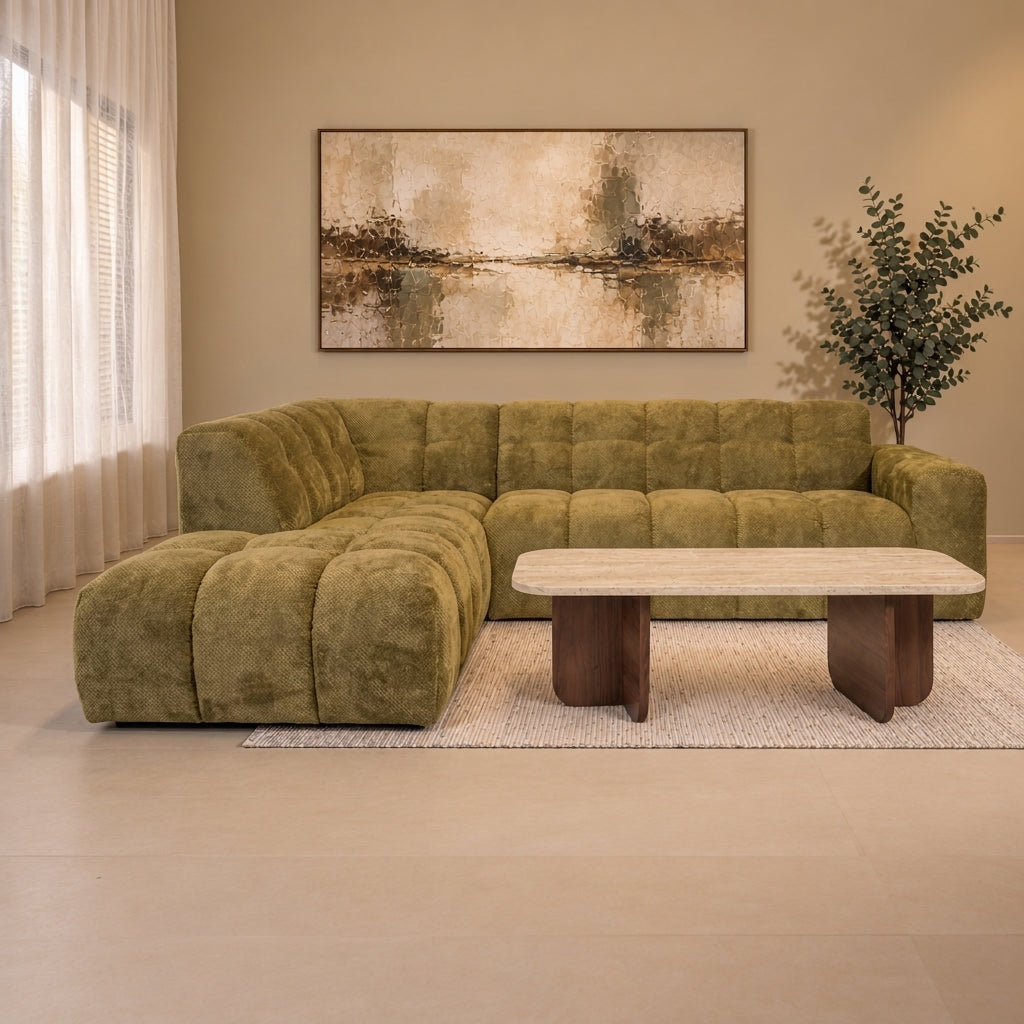 Hoekbank met lounge olijf groen bouclé stof Nova - links