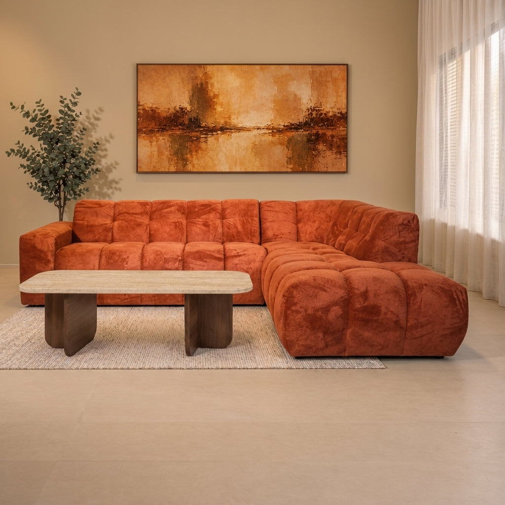 Hoekbank met lounge koper bouclé stof Nova - rechts