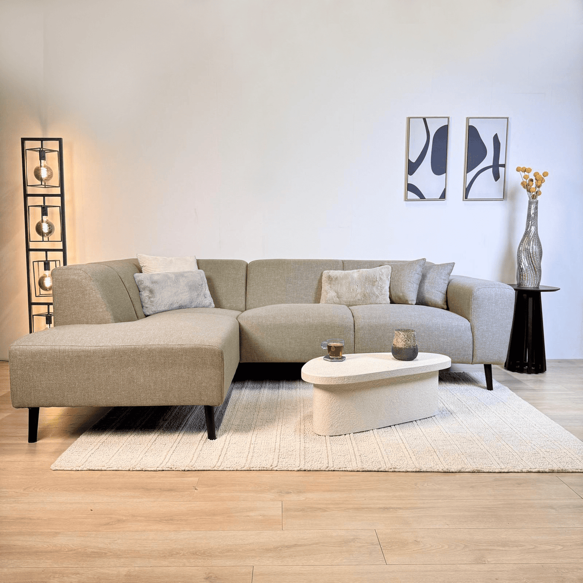 Canapé d'angle Moby Beige avec salon compact et tissu recyclé - Gauche