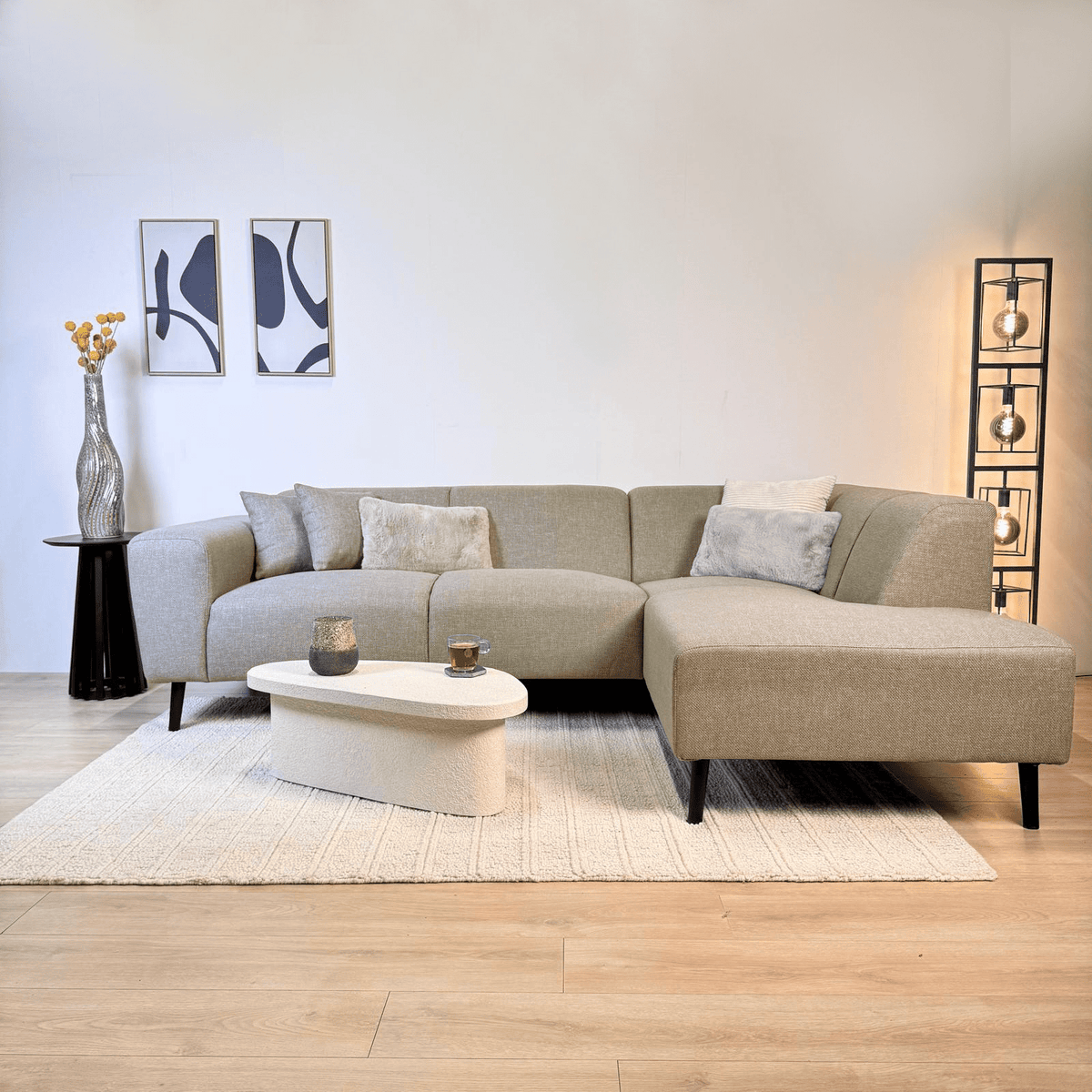 Canapé d'angle Moby Beige avec salon compact et tissu recyclé - Droit