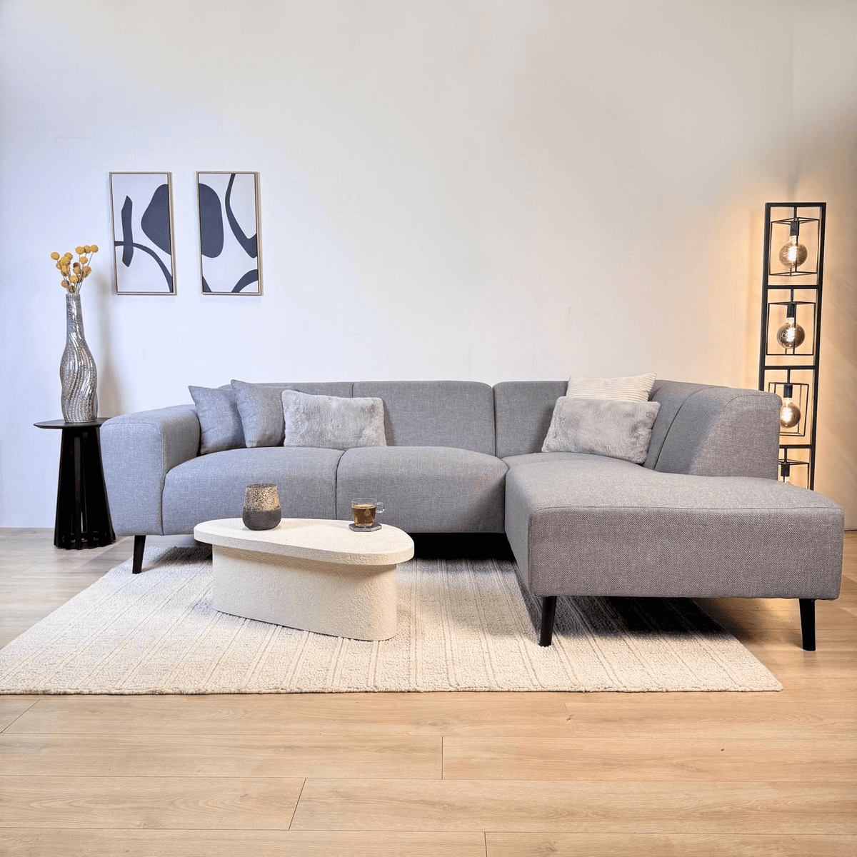 Canapé d'angle Moby bleu gris avec salon compact et tissu recyclé - Droit