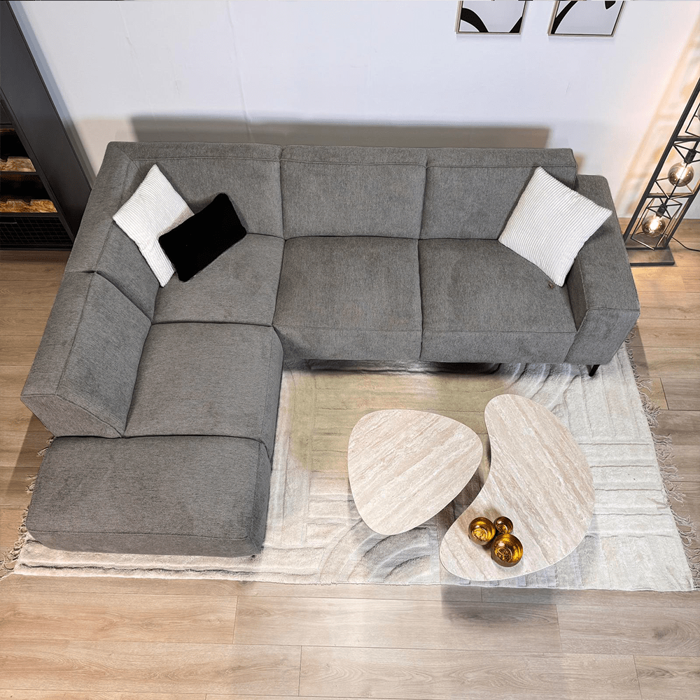 Hoekbank taupe chenille gemêleerd Ravi – links