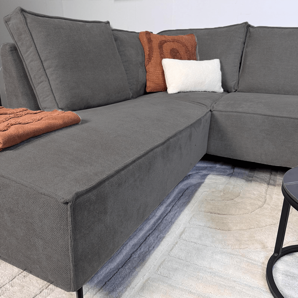 Canapé d'angle avec chaise longue en chenille anthracite Yara - gauche