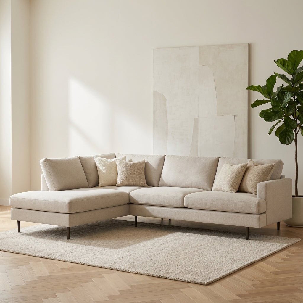 Hoekbank Romi stof beige links sfeerfoto in modern interieur