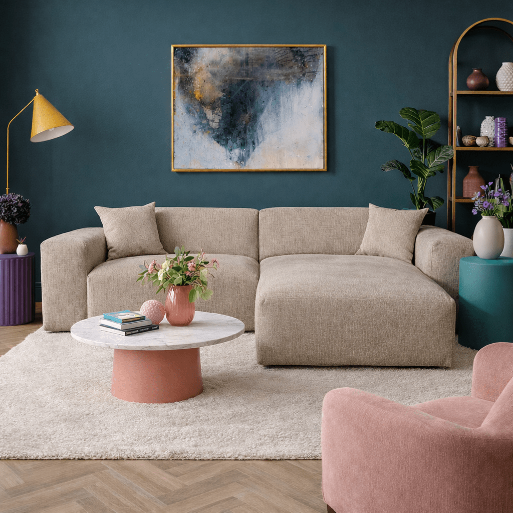 Canapé d’angle Wayne en chenille couleur beige, 264 cm – angle montable à gauche ou à droite