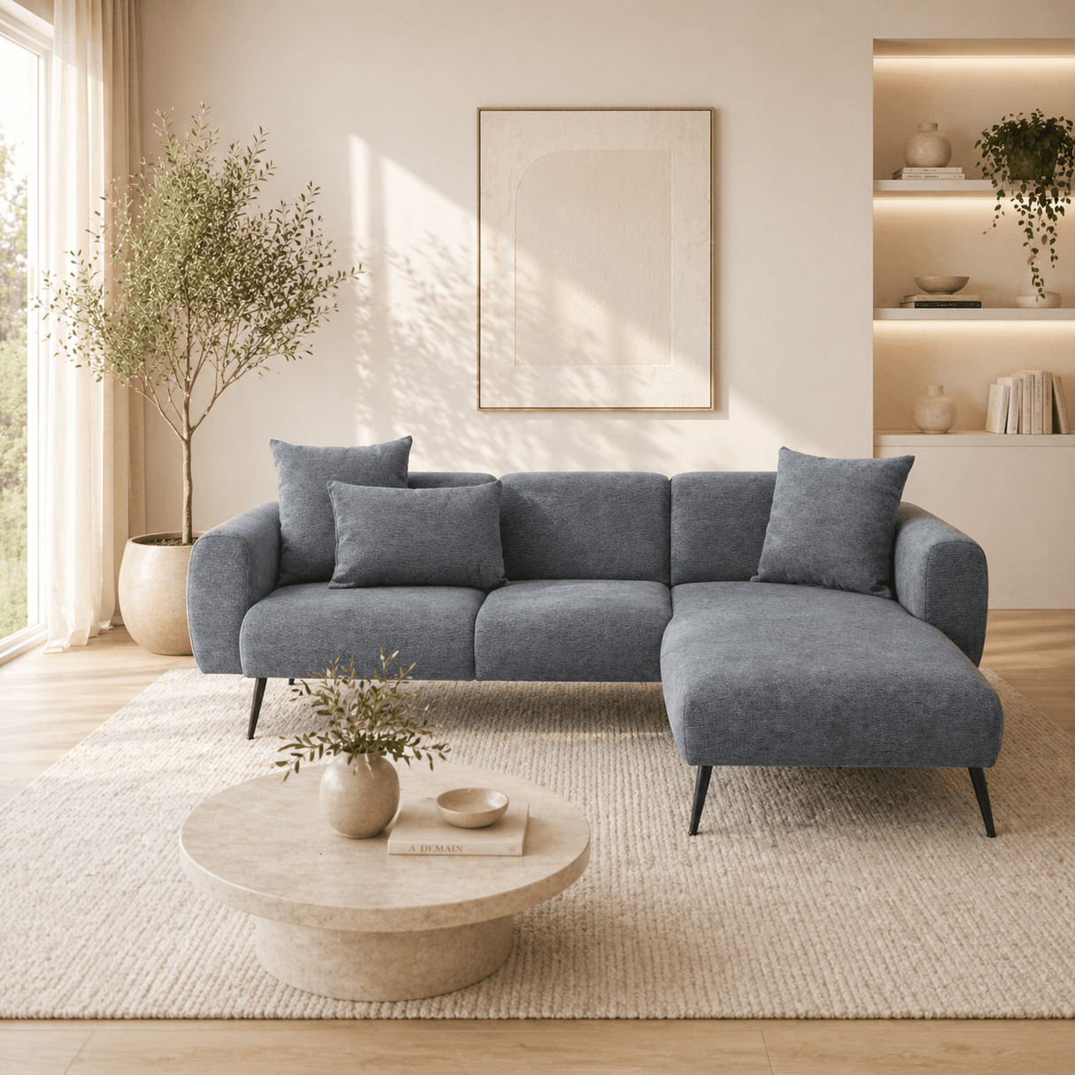 Canapé d'angle tissu anthracite - Pieds hauts fins - Intérieur uni - 252 x 155 cm - Côté