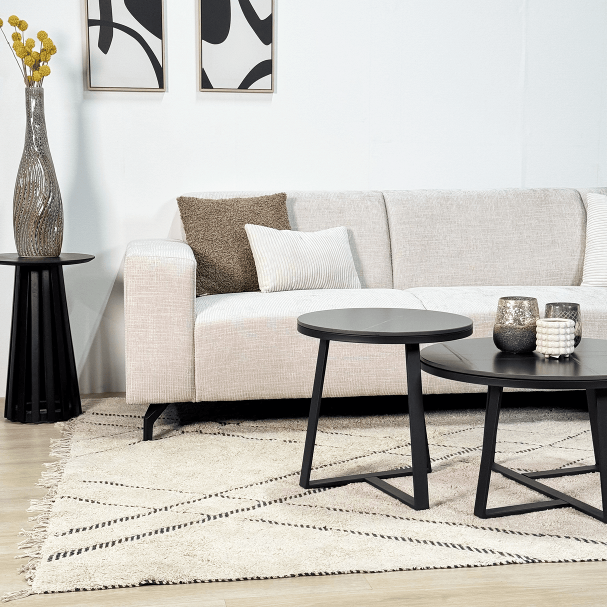 Canapé d'angle avec chaise longue en tissu chenille beige Manon - droit