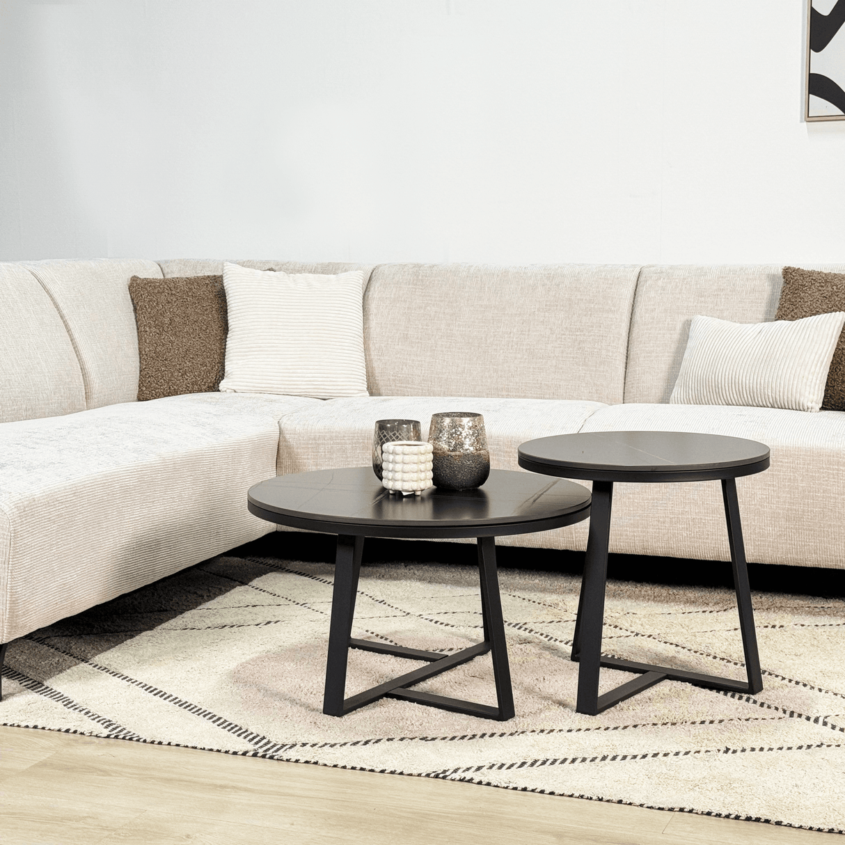 Canapé d'angle avec chaise longue en velours chenille beige Manon - gauche