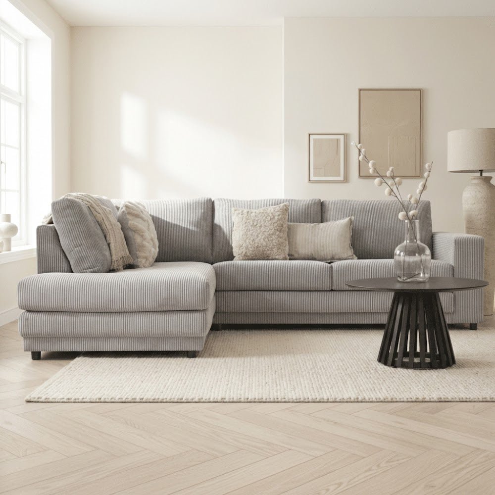 Hoekbank lichtgrijs ribstof plofbank Gabi - links