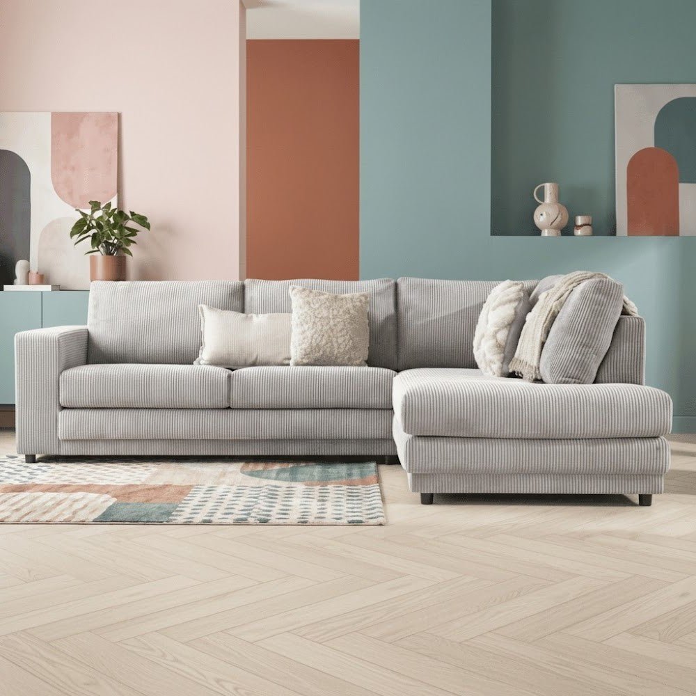 Canapé d'angle en tissu rayé gris clair, canapé gonflable Gabi - droit