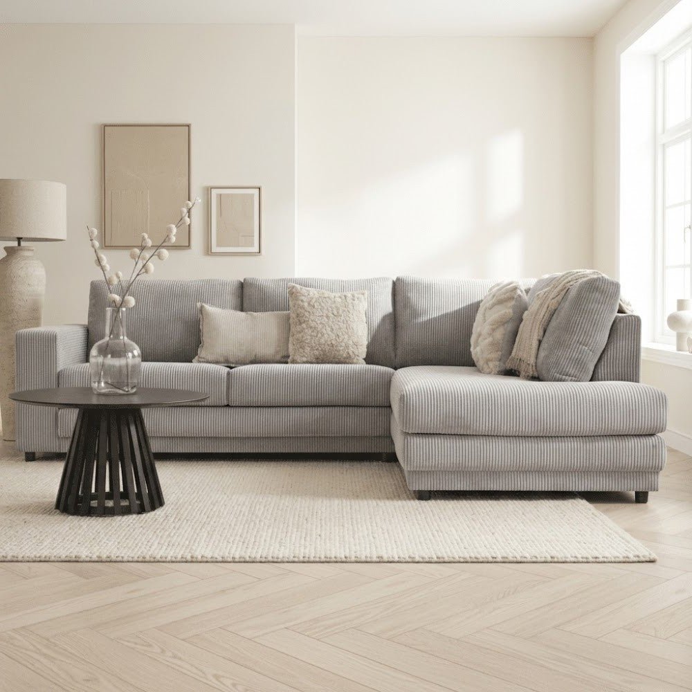 Canapé d'angle en tissu rayé gris clair, canapé gonflable Gabi - droit