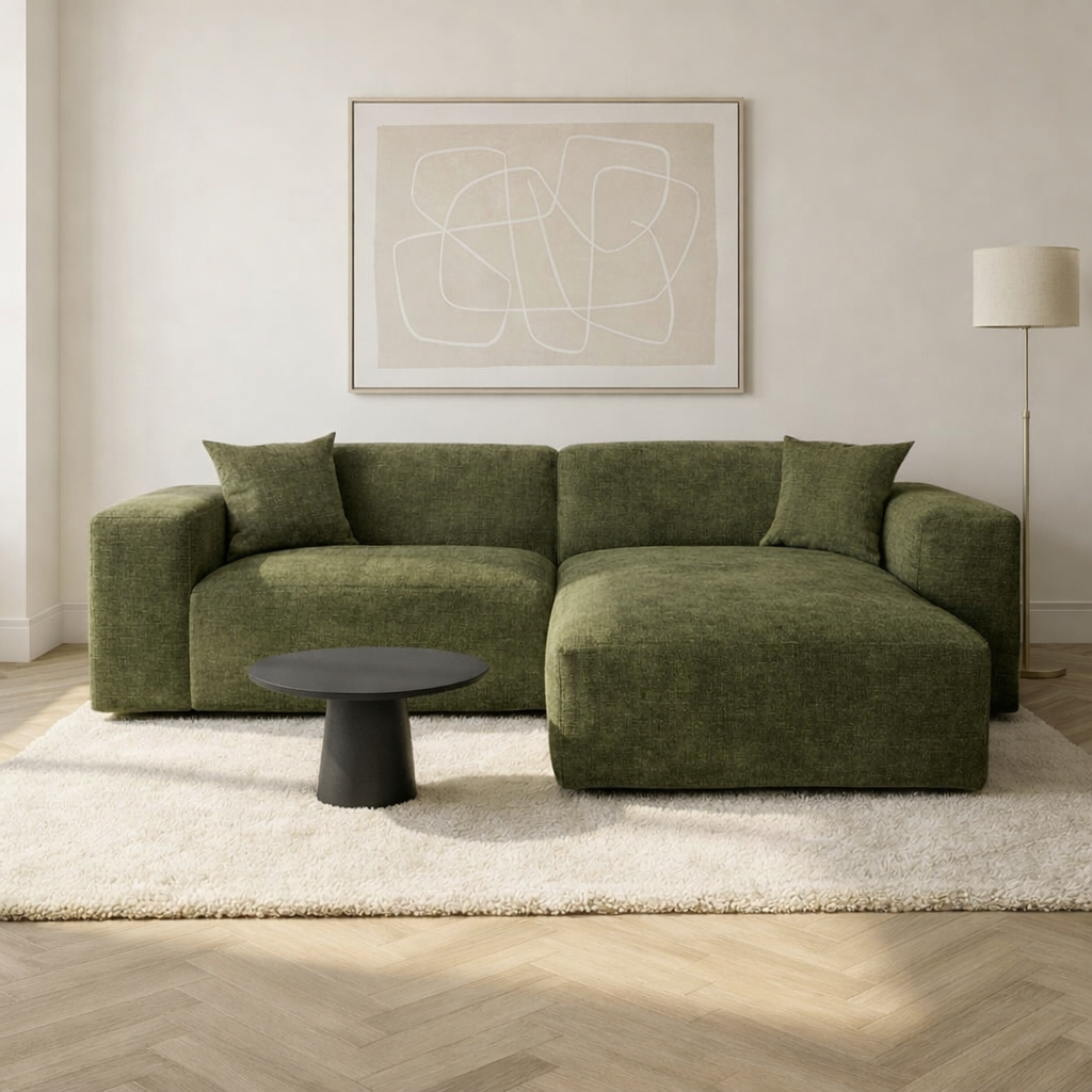 Hoekbank Olijf Groen chenille Wayne 260 cm - hoek links en rechts monteerbaar