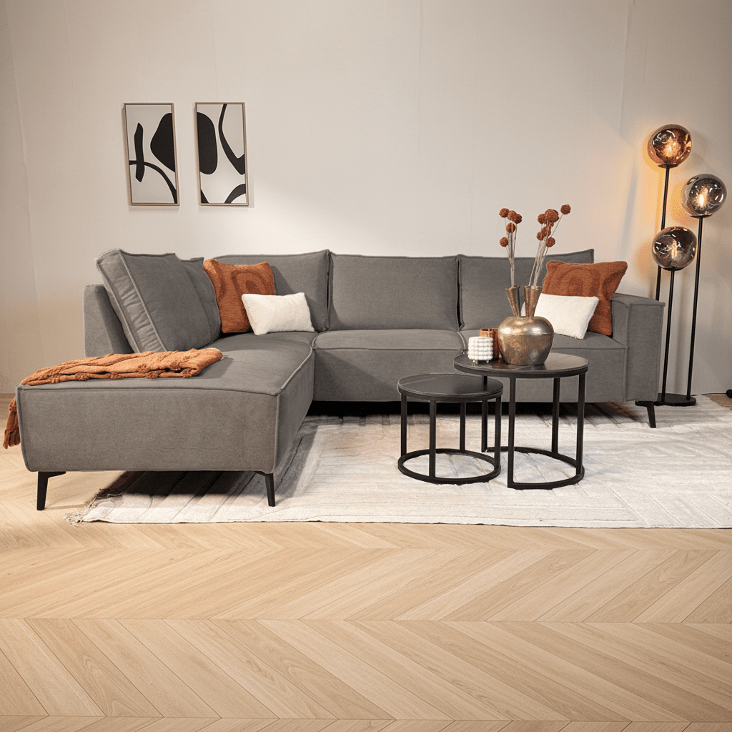 Canapé d'angle avec chaise longue en chenille anthracite Yara - gauche