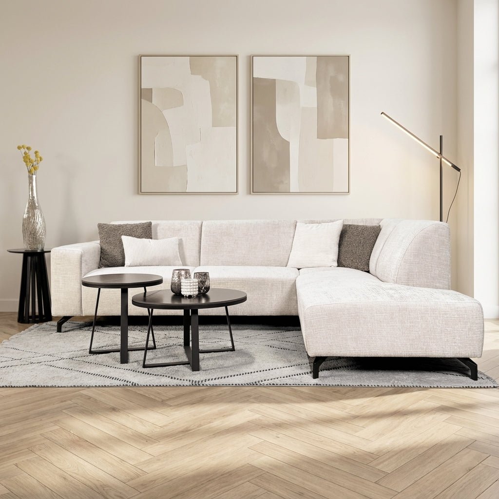 Hoekbank met chaise longue beige chenille stof Manon - rechts sfeerfoto in modern interieur