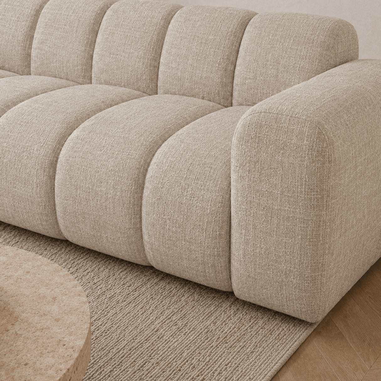 Banken-Hoekbank met lounge beige velvet structuurstof - strepen - links - Brix-Dimehouse