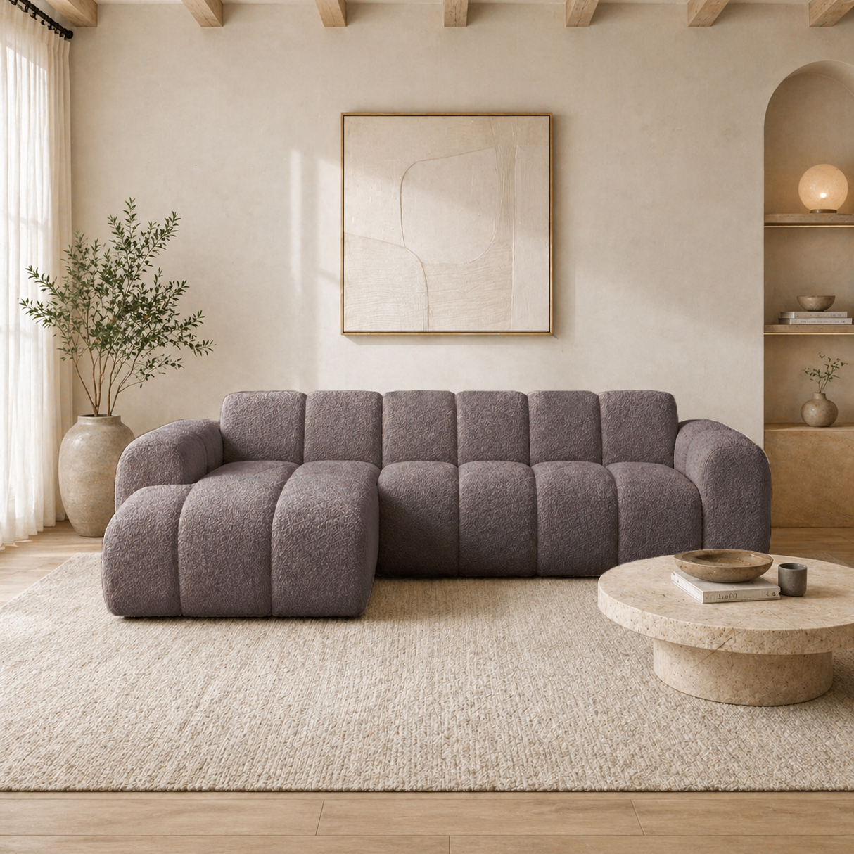 Hoekbank met lounge zacht bruin bouclé stof - strepen - links - Brix