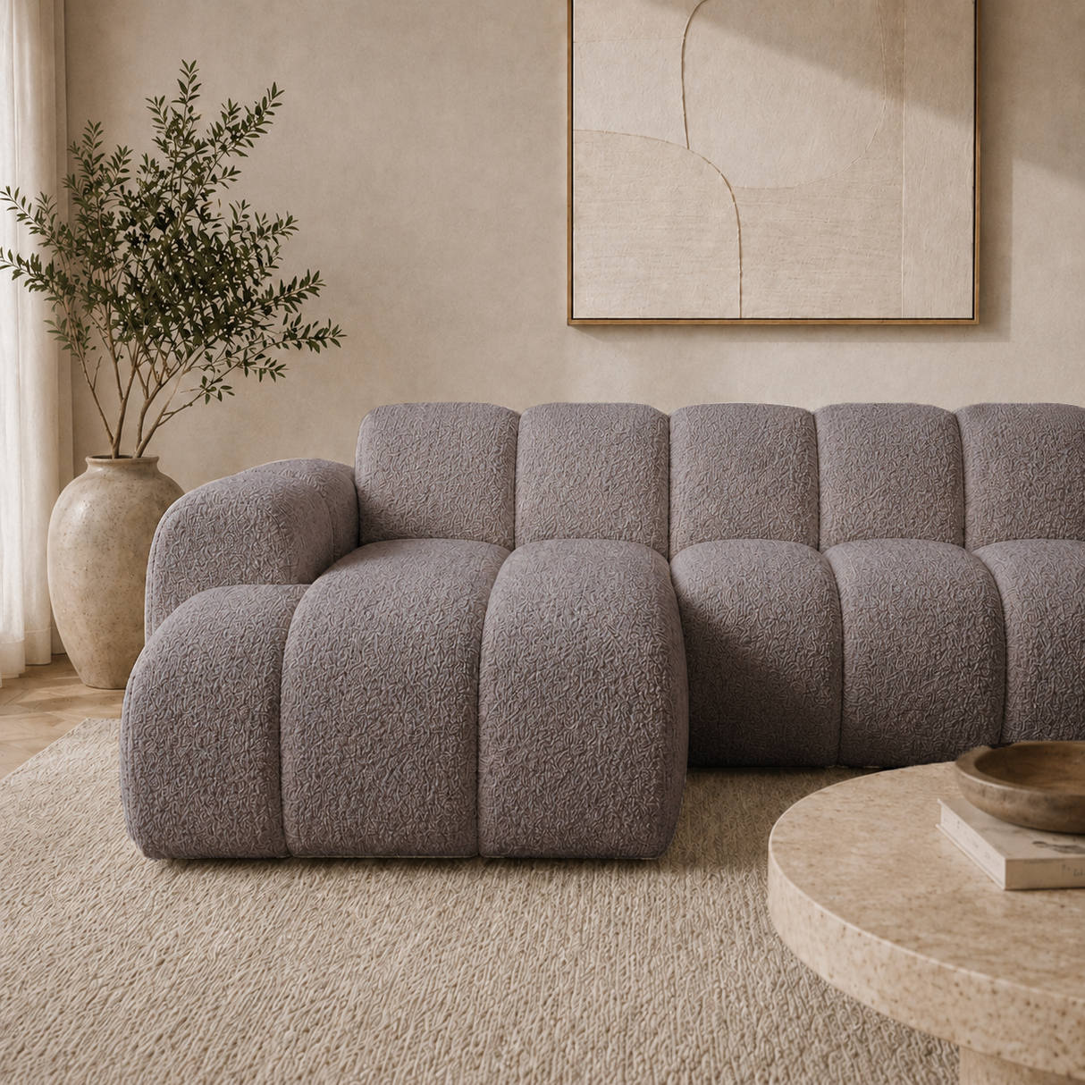 Hoekbank met lounge zacht bruin bouclé stof - strepen - links - Brix