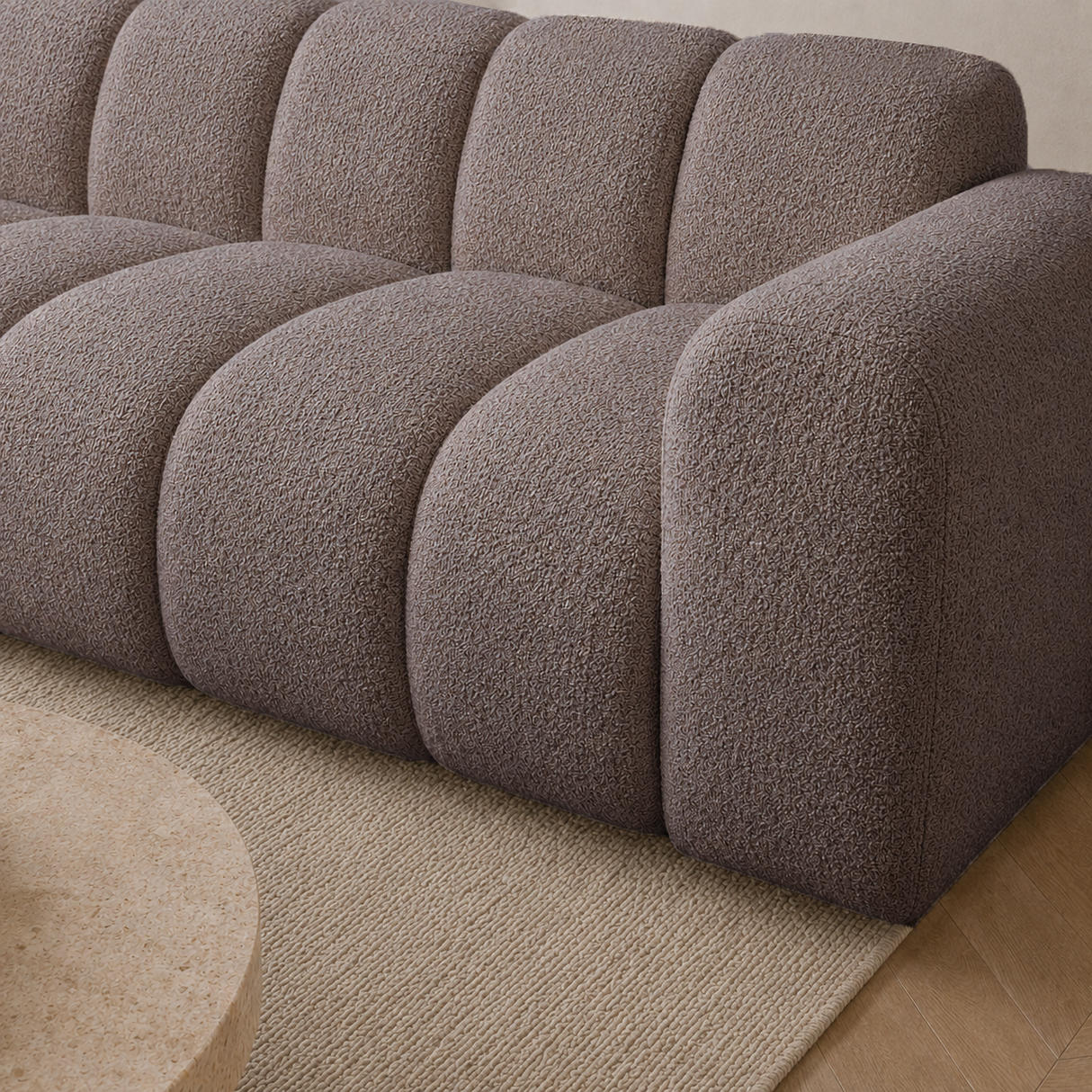Hoekbank met lounge zacht bruin bouclé stof - strepen - links - Brix