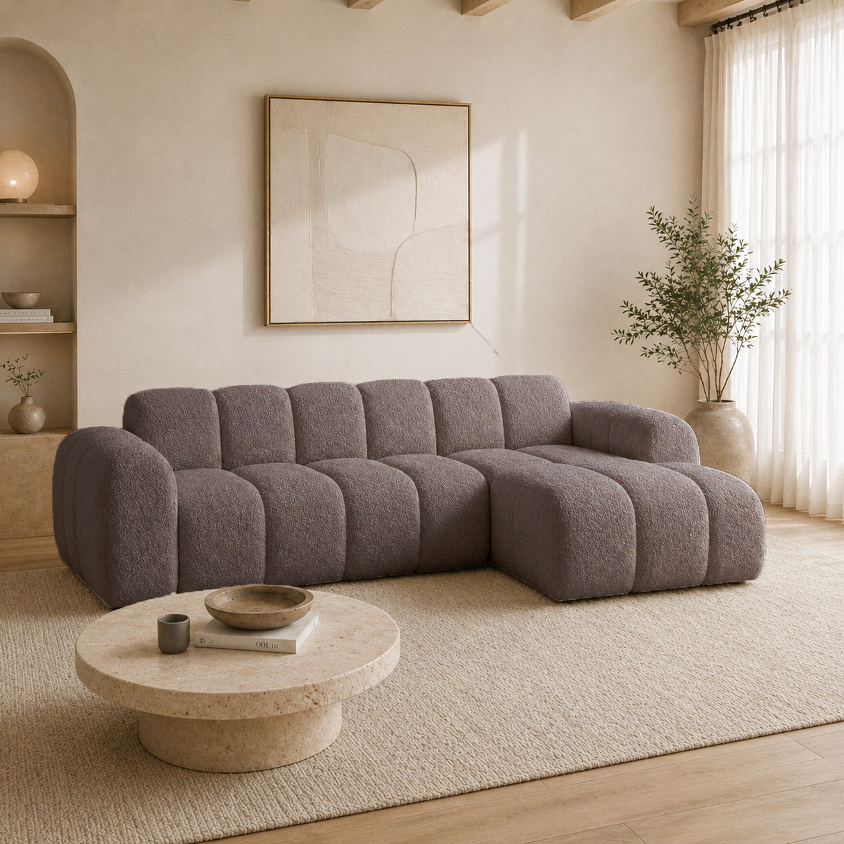 Hoekbank met lounge zacht bruin bouclé stof - strepen - rechts - Brix